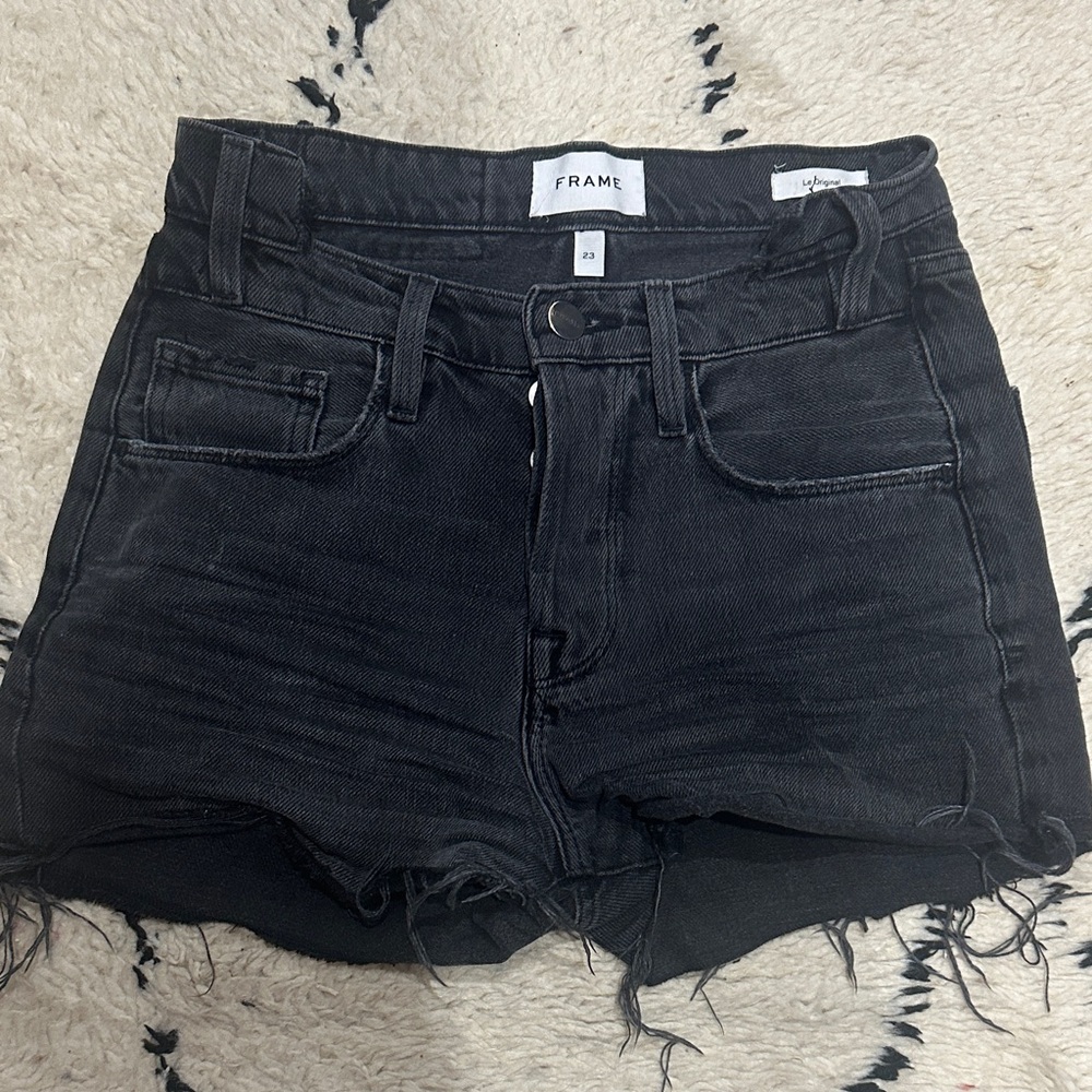 Frame denim black shorts with irregular waist sz 23 fit like 24-25